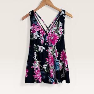 Kona Sol Tankini Swim Top Floral Print Multicolor Flowy Beachy Women's Plus 14W